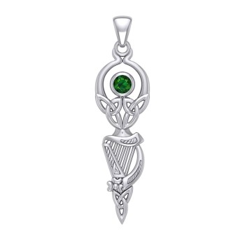 Celtic Goddess with Irish Harp and Emerald Pendant