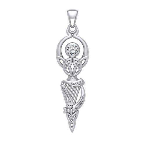 Celtic Goddess with Irish Harp and White Cubic Zirconia Pendant