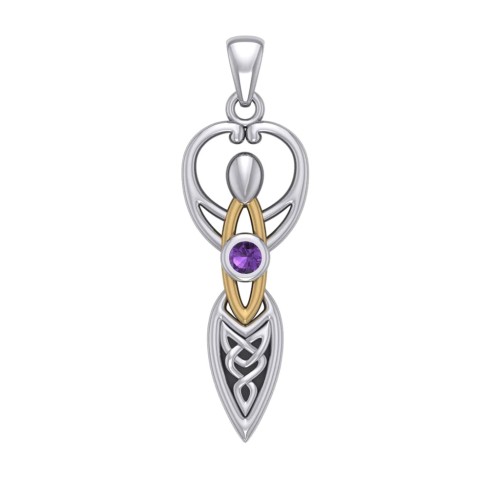 Celtic Goddess Pendant with Gold Accents and Amethyst Birthstone