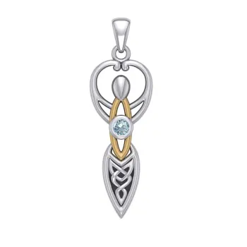 Celtic Goddess Pendant with Gold Accents and Aquamarine Birthstone