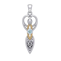 Celtic Goddess Pendant with Gold Accents and Blue Topaz Birthstone