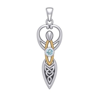Celtic Goddess Pendant with Gold Accents and Blue Topaz Birthstone