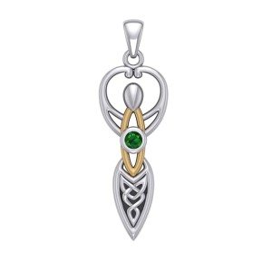 Celtic Goddess Pendant with Gold Accents and Emerald Birthstone