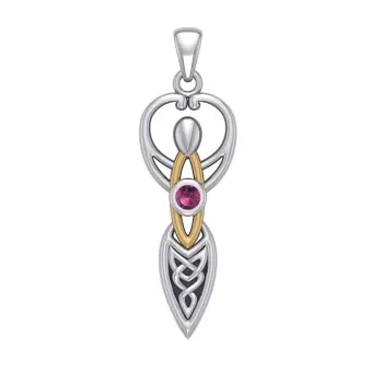 Celtic Goddess Pendant with Gold Accents and Ruby Birthstone