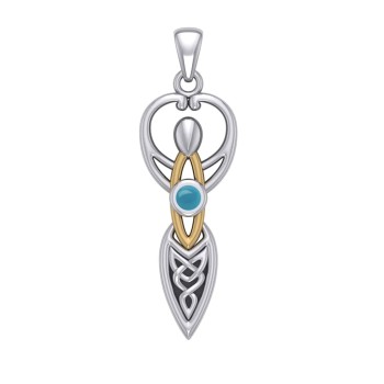 Celtic Goddess Pendant with Gold Accents and Turquoise Birthstone