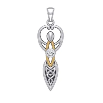 Celtic Goddess Pendant with Gold Accents and White Cubic Zirconia Birthstone