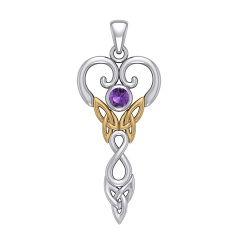 Celtic Infinity Goddess Pendant with Gold Accents and Amethyst Birthstone