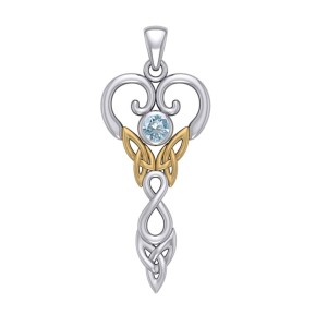 Celtic Infinity Goddess Pendant with Gold Accents and Aquamarine Birthstone