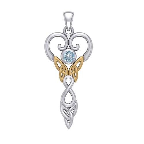 Celtic Infinity Goddess Pendant with Gold Accents and Aquamarine Birthstone