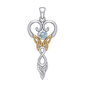 Celtic Infinity Goddess Pendant with Gold Accents and Blue Topaz Birthstone