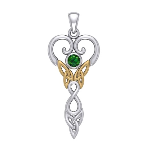 Celtic Infinity Goddess Pendant with Gold Accents and Emerald Birthstone