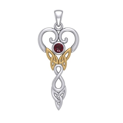 Celtic Infinity Goddess Pendant with Gold Accents and Garnet Birthstone