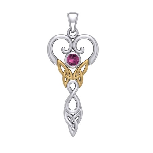 Celtic Infinity Goddess Pendant with Gold Accents and Ruby Birthstone