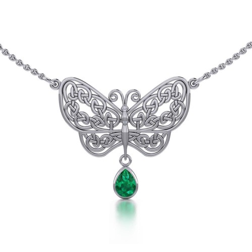 Celtic Knot Butterfly Necklace with Emerald