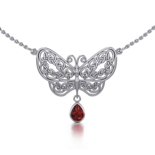 Celtic Knot Butterfly Necklace with Garnet