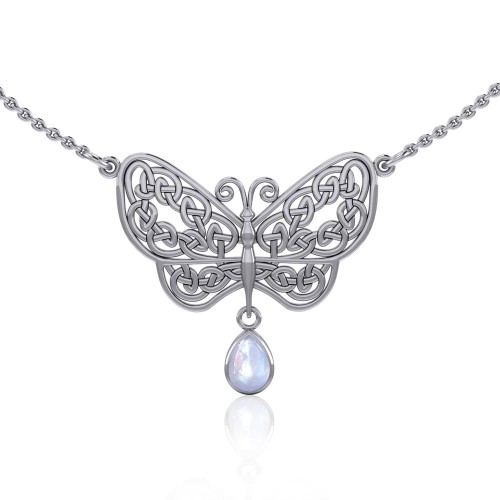 Celtic Knot Butterfly Necklace with Rainbow Moonstone