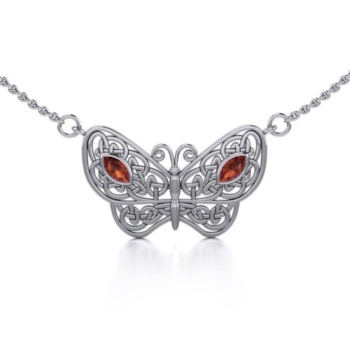 Medium Celtic Knot Butterfly Necklace with Garnet