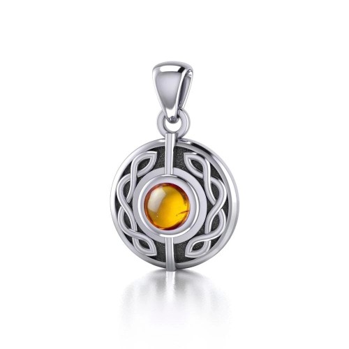 Celtic Knot Round Pendant with Amber Gem