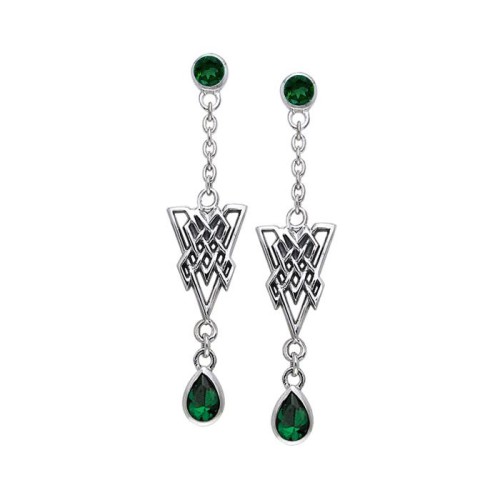 Celtic Knot Triangle Earrings with Emerald Gemstones