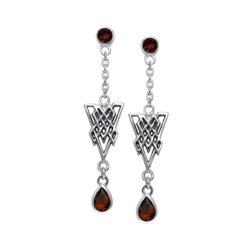 Celtic Knot Triangle Earrings with Garnet Gemstones