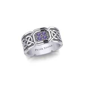 Celtic Knotwork Silver Band Ring with Amethysts