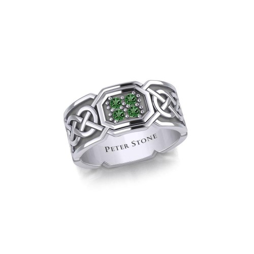 Celtic Knotwork Silver Band Ring with Emeralds