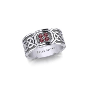 Celtic Knotwork Silver Band Ring with Garnets
