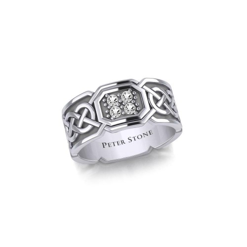 Celtic Knotwork Silver Band Ring with White Cubic Zirconia Gems