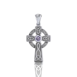 Celtic Knotwork Cross Silver Pendant with Amethyst Gem