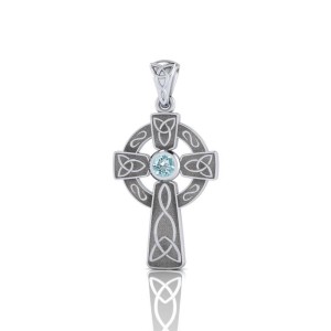 Celtic Knotwork Cross Silver Pendant with Blue Topaz Gem