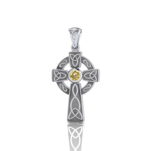 Celtic Knotwork Cross Silver Pendant with Citrine Gem