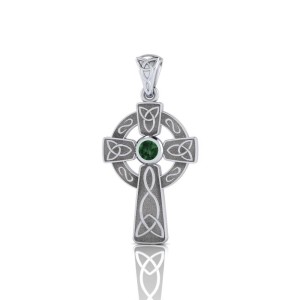 Celtic Knotwork Cross Silver Pendant with Emerald Gem
