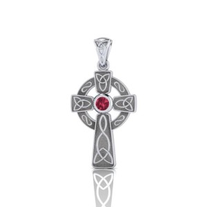 Celtic Knotwork Cross Silver Pendant with Ruby Gem