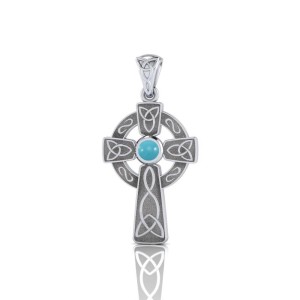 Celtic Knotwork Cross Silver Pendant with Turquoise Gem