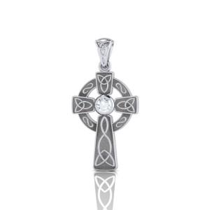 Celtic Knotwork Cross Silver Pendant with White Cubic Zirconia Gem