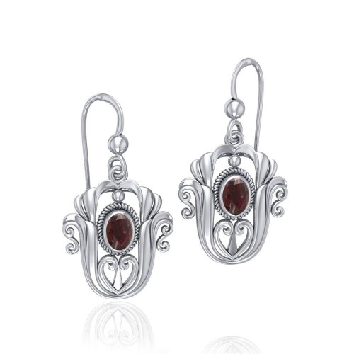 Celtic Knotwork Tulip with Garnet Gem Earrings