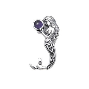 Celtic Mermaid Silver Pendant with Amethyst Gemstone