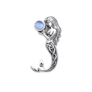 Celtic Mermaid Silver Pendant with Aquamarine Gemstone