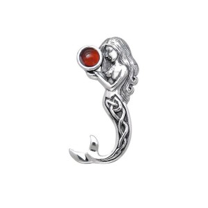 Celtic Mermaid Silver Pendant with Garnet Gemstone