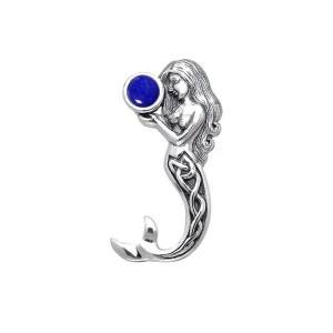 Celtic Mermaid Silver Pendant with Lapis Gemstone