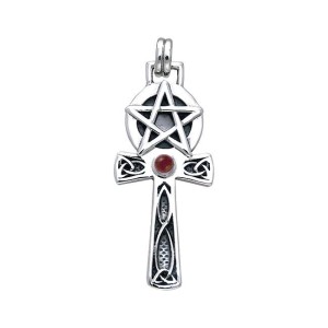 Celtic Knot Pentagram Ankh with Garnet Pendant