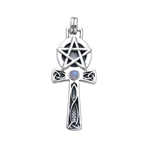 Celtic Knot Pentagram Ankh with Rainbow Moonstone Pendant