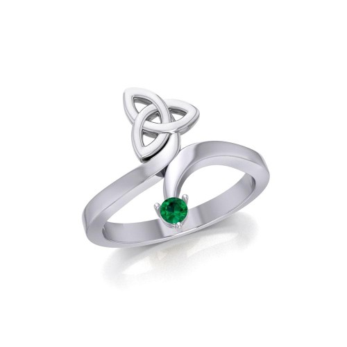 Celtic Trinity Knot with Round Emerald Gem Silver Ring