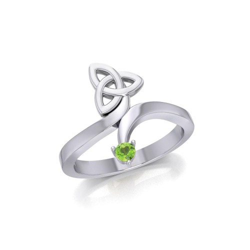 Celtic Trinity Knot with Round Peridot Gem Silver Ring