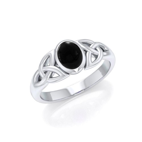 Celtic Triquetra Knot Ring with Black Onyx Gemstone
