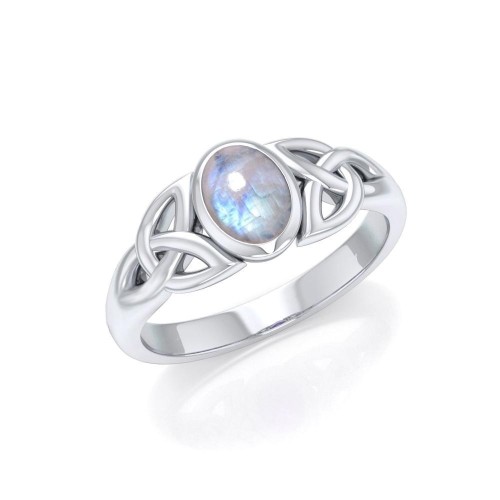 Celtic Triquetra Knot Ring with Rainbow Moonstone Gemstone