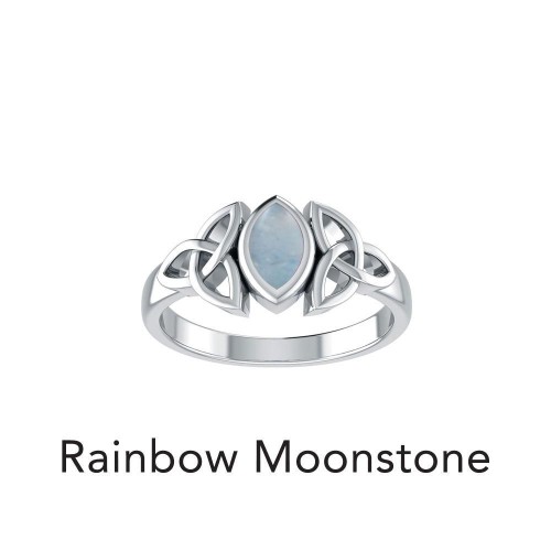 Celtic Triquetra Silver and Rainbow Moonstone Ring