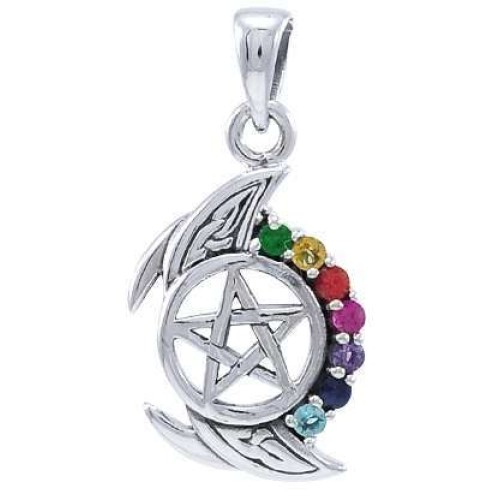 Pentagram, Crescent Moon, and Chakra Silver Pendant