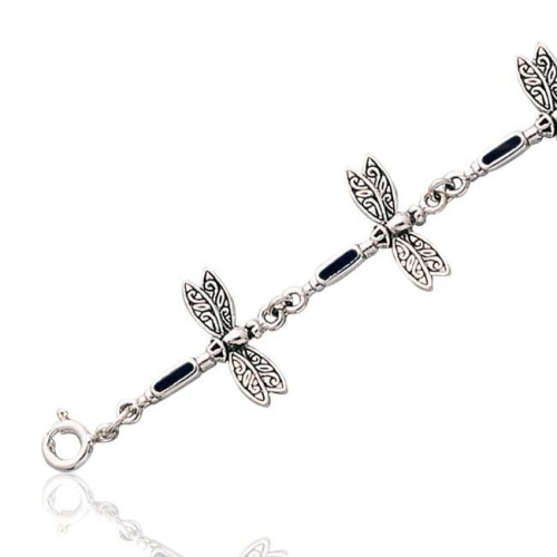 Dragonfly Link Silver Bracelet with Black Onyx