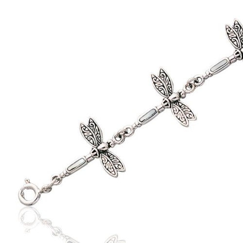 Dragonfly Link Silver Bracelet with Mother of Pearl